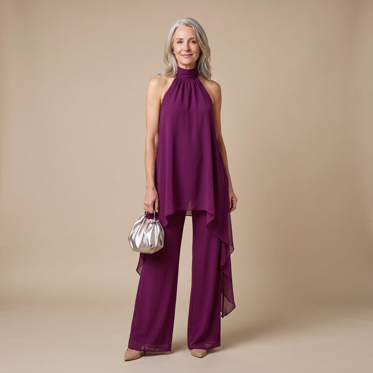 Women's Halter Asymmetric Chiffon Two Piece Set Wide-Leg Pants