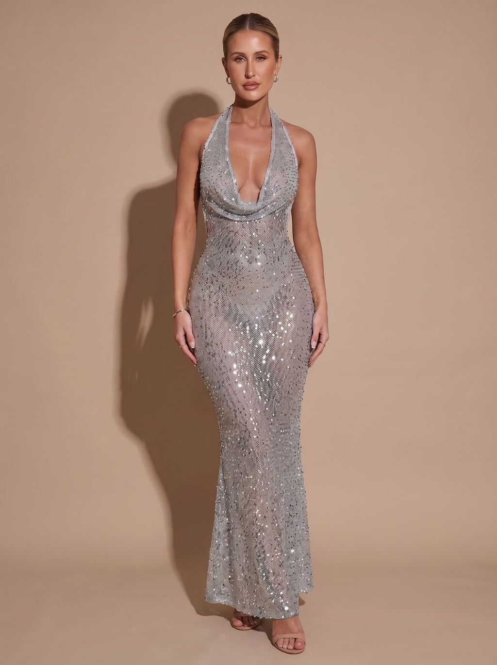 Women's Halter-Neck Sequin Maxi Dress Long Formal Gown