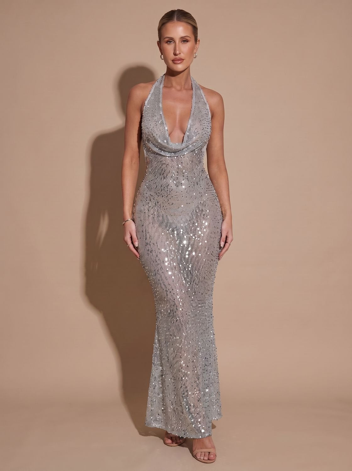 Women's Halter-Neck Sequin Maxi Dress Long Formal Gown