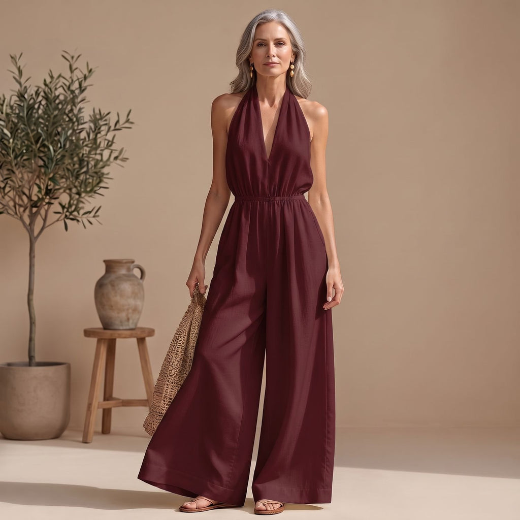 Women's Halter V-Neck Wide-Leg Jumpsuit Smocked Waist - Burgundy
