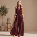 Women's Halter V-Neck Wide-Leg Jumpsuit Smocked Waist - Burgundy