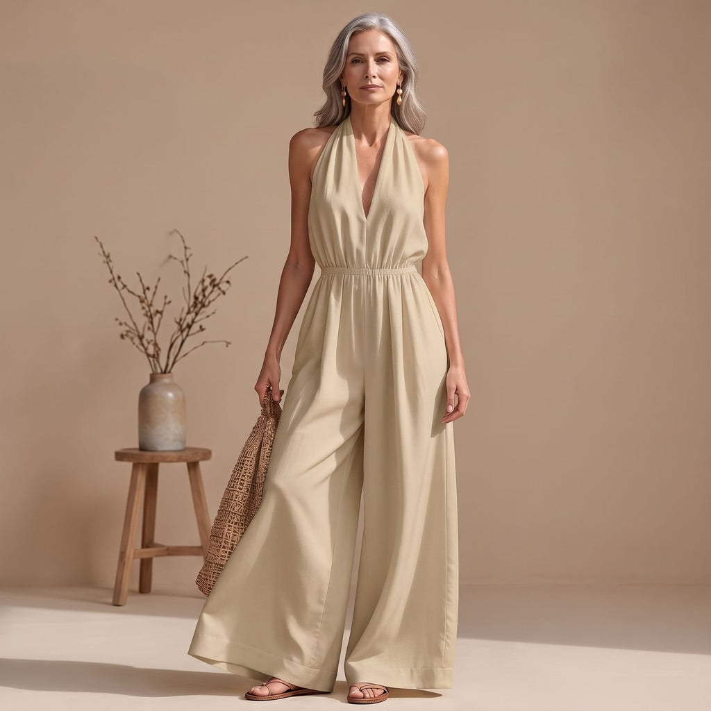 Women's Halter V-Neck Wide-Leg Jumpsuit Smocked Waist - Beige