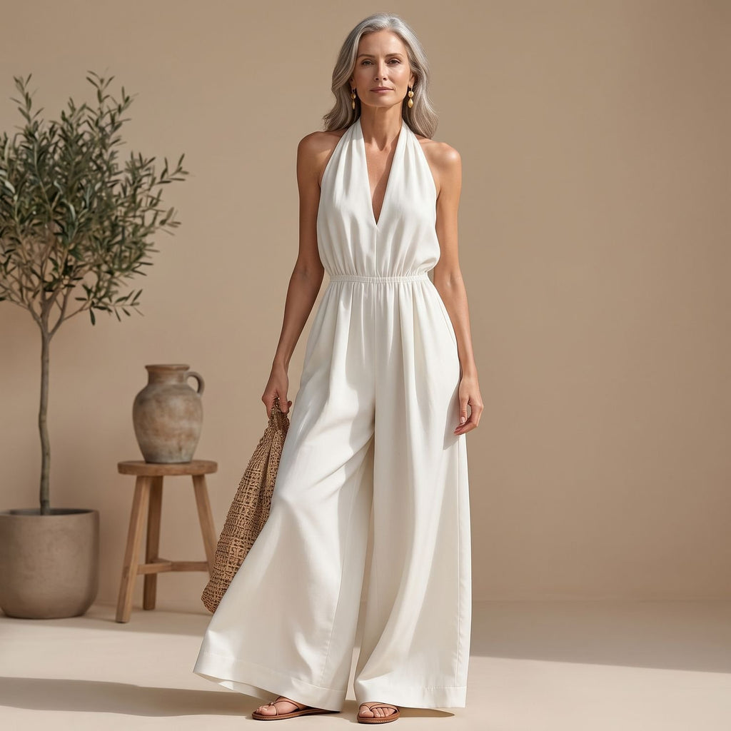 Women's Halter V-Neck Wide-Leg Jumpsuit Smocked Waist - White