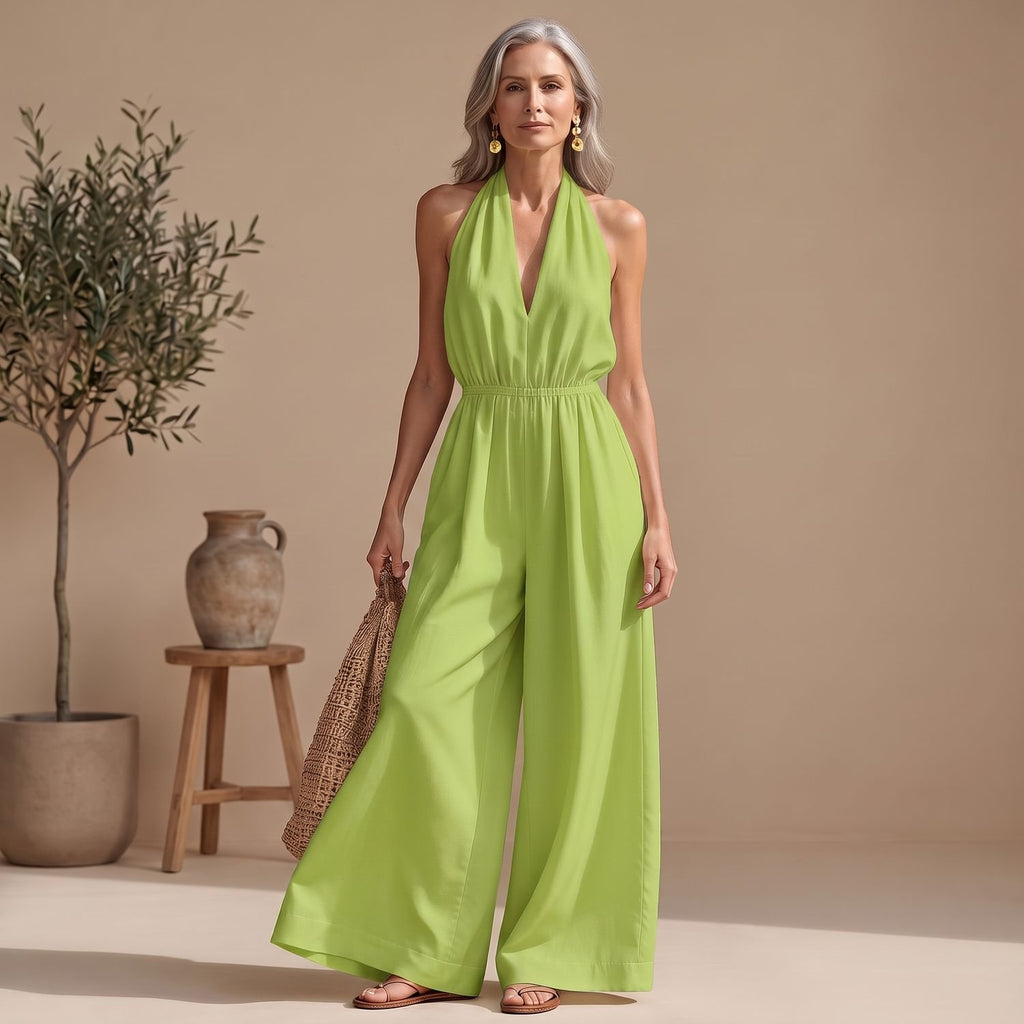 Women's Halter V-Neck Wide-Leg Jumpsuit Smocked Waist - Green