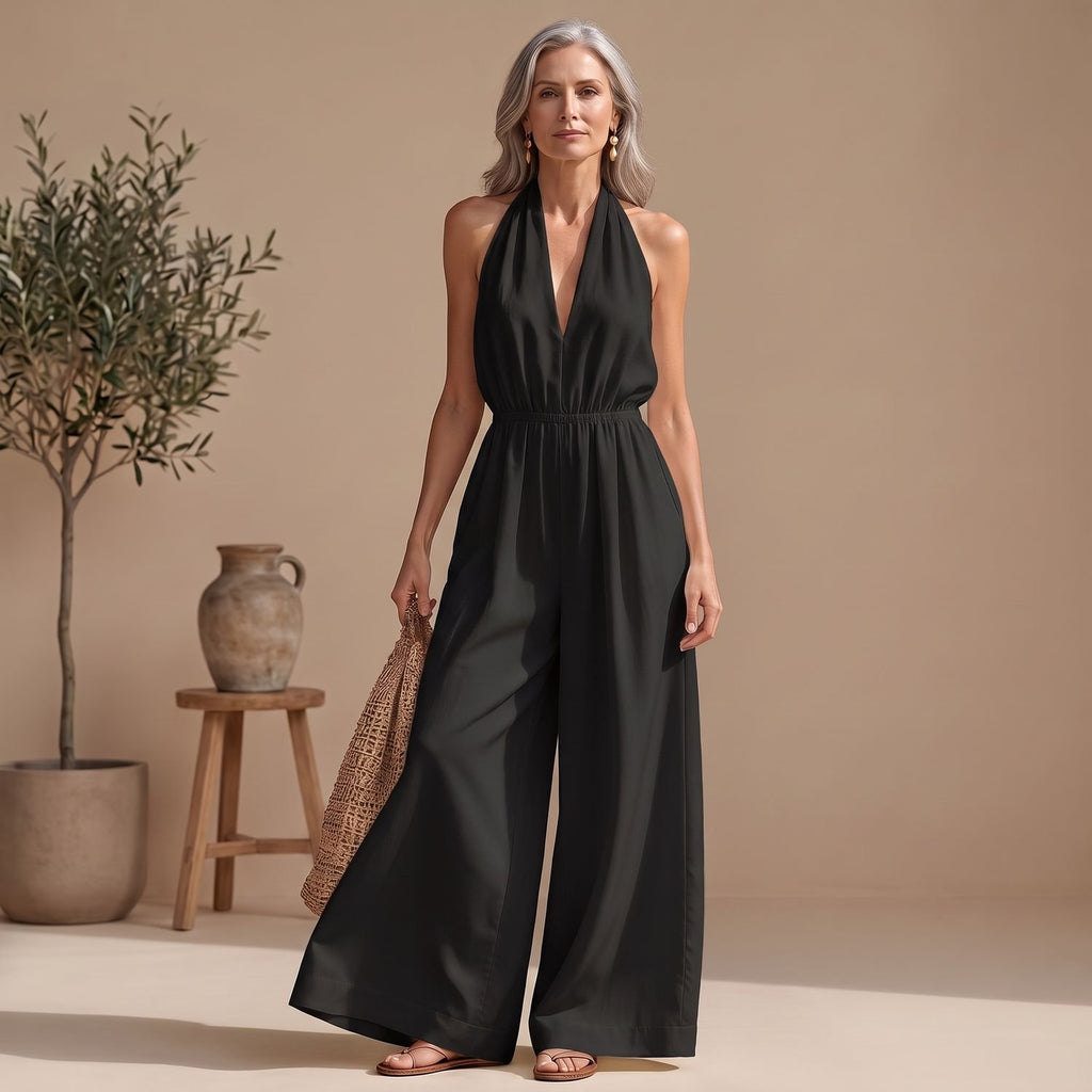 Women's Halter V-Neck Wide-Leg Jumpsuit Smocked Waist - Black