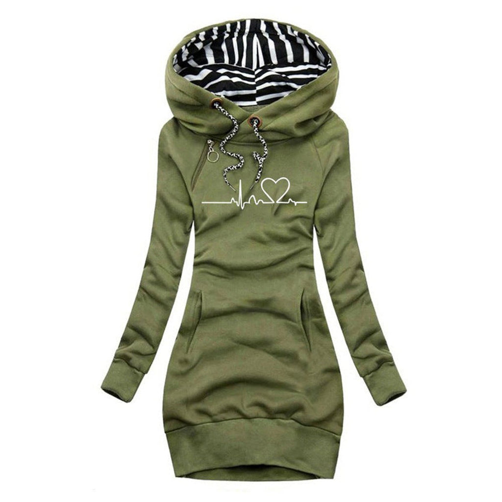 Women's Heartbeat Print Hooded Long Sleeve Dress Sweater - Green