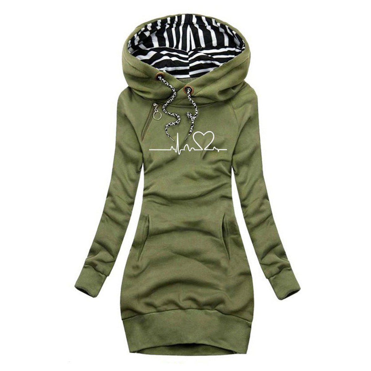 Women's Heartbeat Print Hooded Long Sleeve Dress Sweater - Green