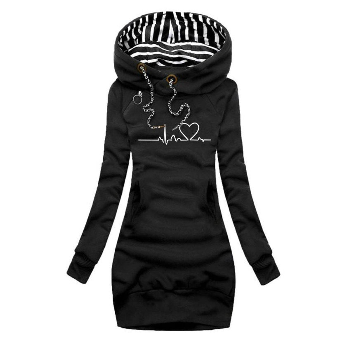Women's Heartbeat Print Hooded Long Sleeve Dress Sweater - Black