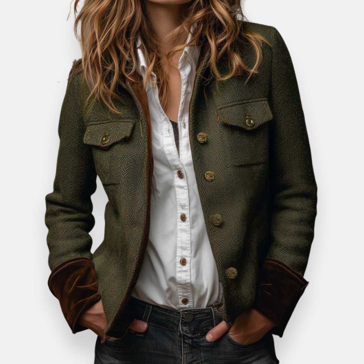 Women's Herringbone Tweed Button-Front Utility Jacket - Army Green