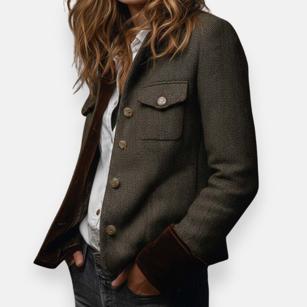 Women's Herringbone Tweed Button-Front Utility Jacket