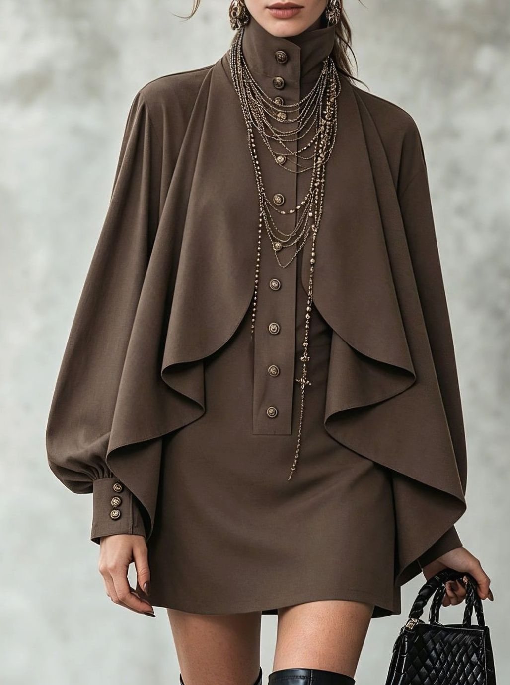 Women's High-Neck Cape-Panel Button-Front Mini Dress