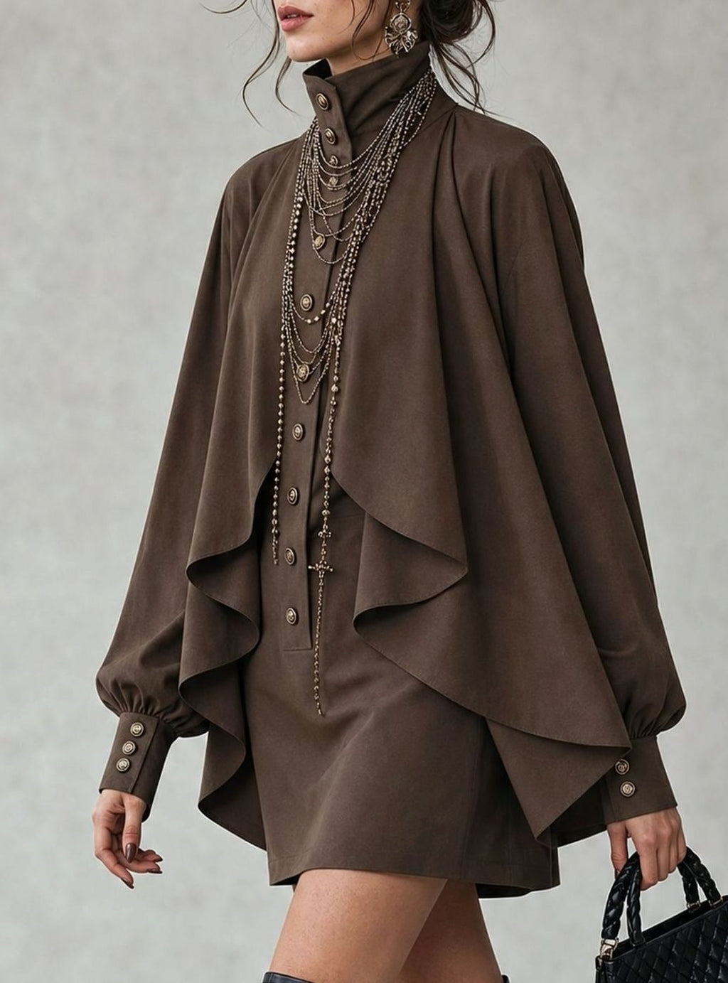 Women's High-Neck Cape-Panel Button-Front Mini Dress