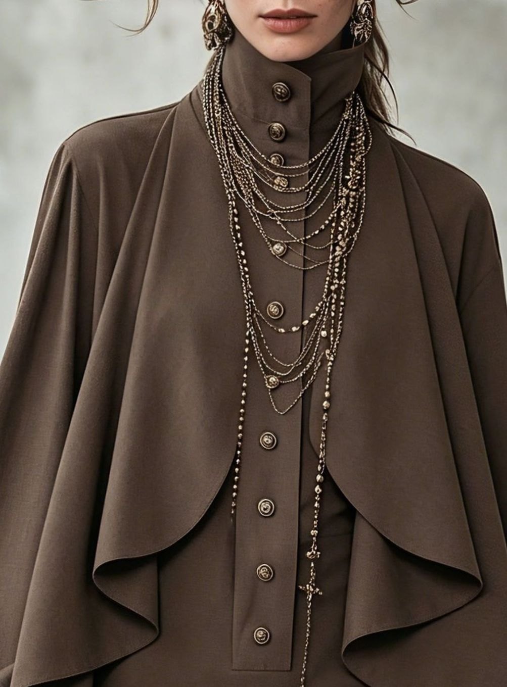Women's High-Neck Cape-Panel Button-Front Mini Dress
