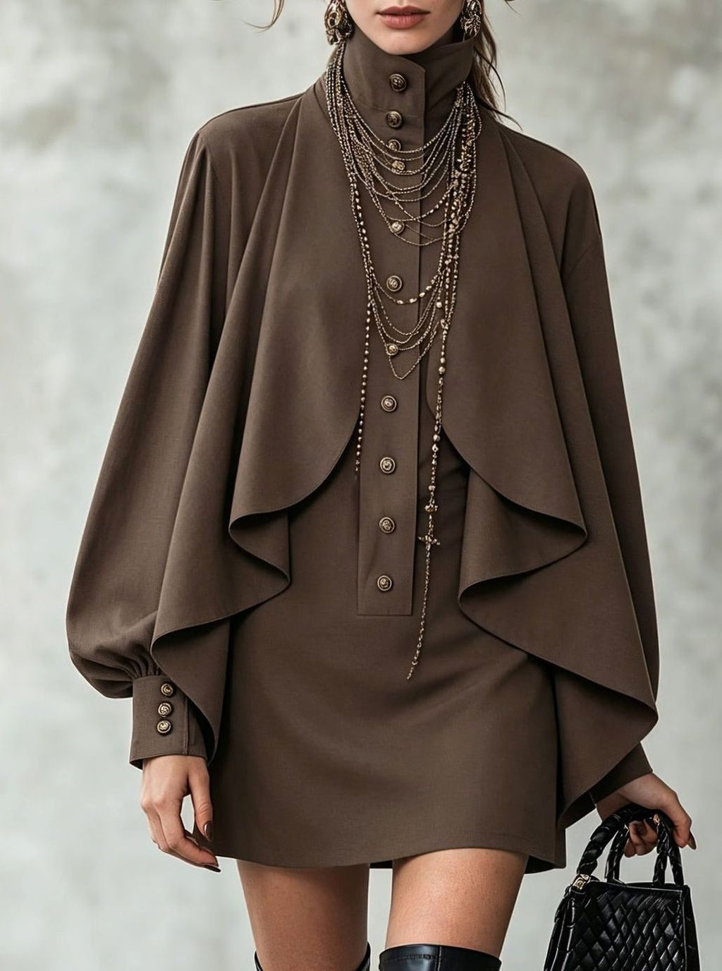Women's High-Neck Cape-Panel Button-Front Mini Dress - Chocolate
