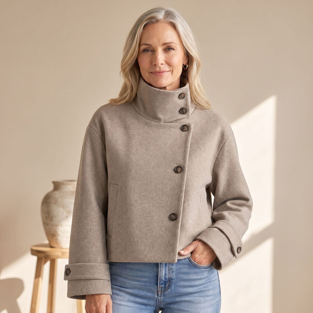 Women's High-Neck Cropped Asymmetric Button-Front Wool-Look Jacket - Beige