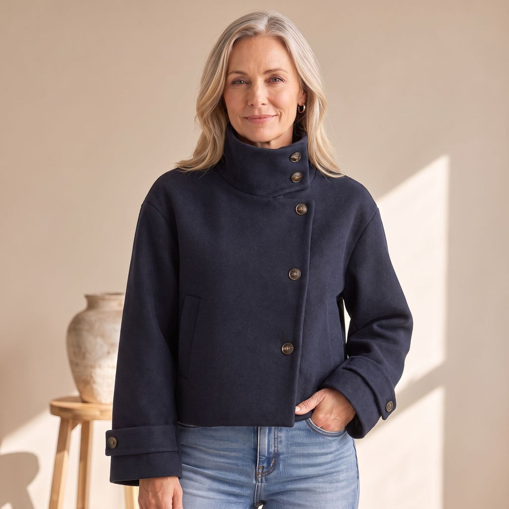 Women's High-Neck Cropped Asymmetric Button-Front Wool-Look Jacket - Navy
