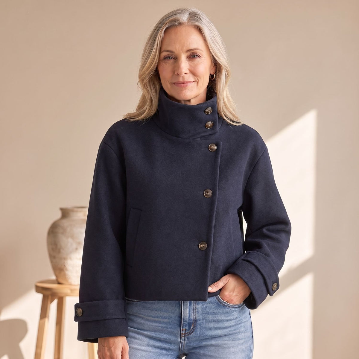 Women's High-Neck Cropped Asymmetric Button-Front Wool-Look Jacket - Navy