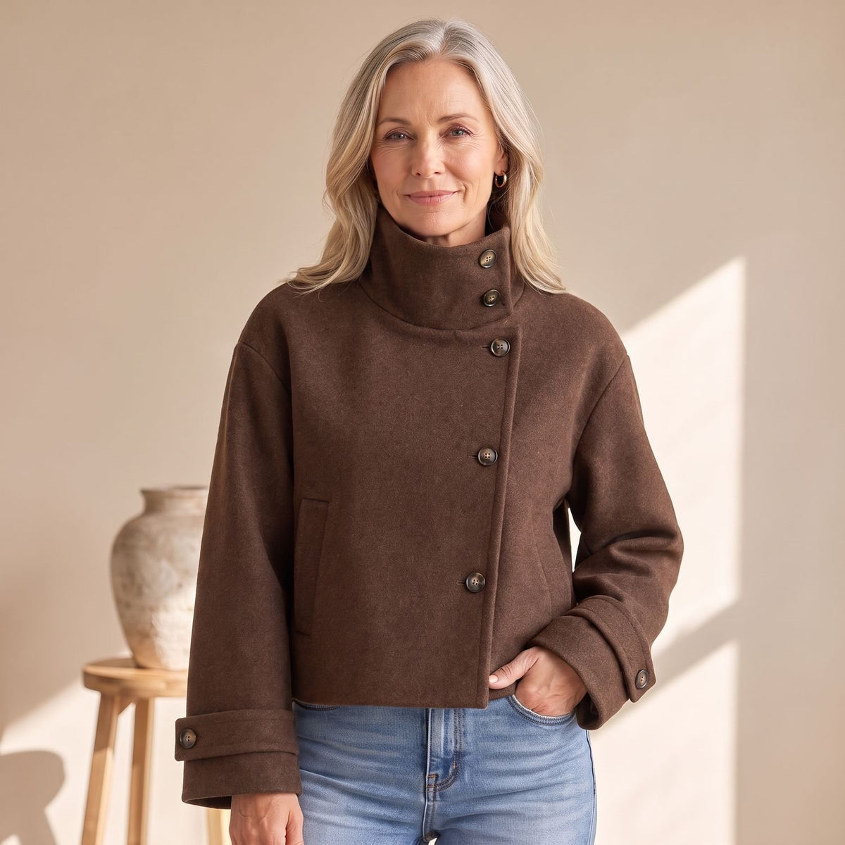 Women's High-Neck Cropped Asymmetric Button-Front Wool-Look Jacket - Brown