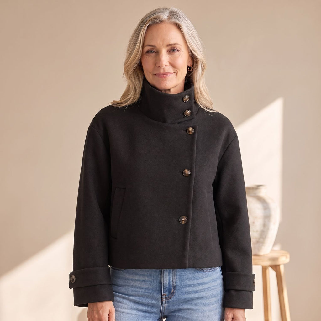 Women's High-Neck Cropped Asymmetric Button-Front Wool-Look Jacket - Black