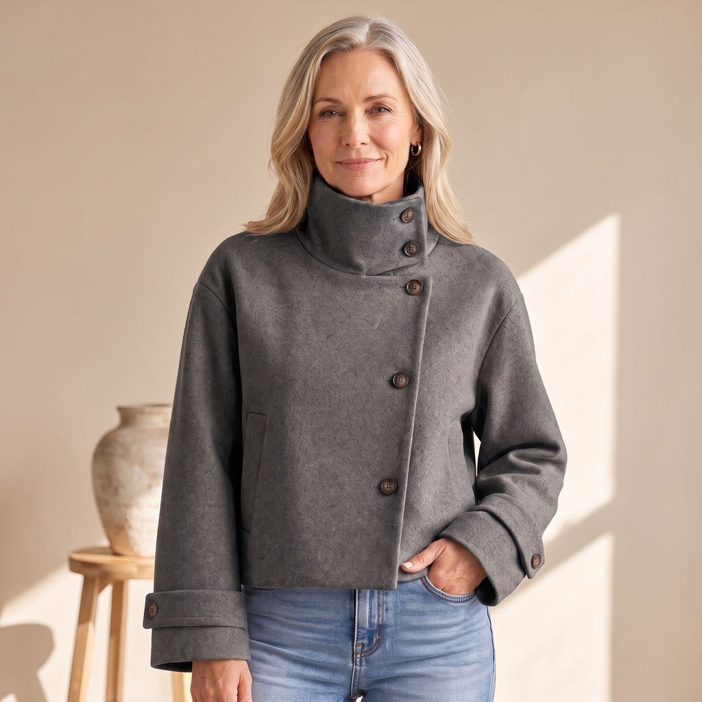 Women's High-Neck Cropped Asymmetric Button-Front Wool-Look Jacket - Gray