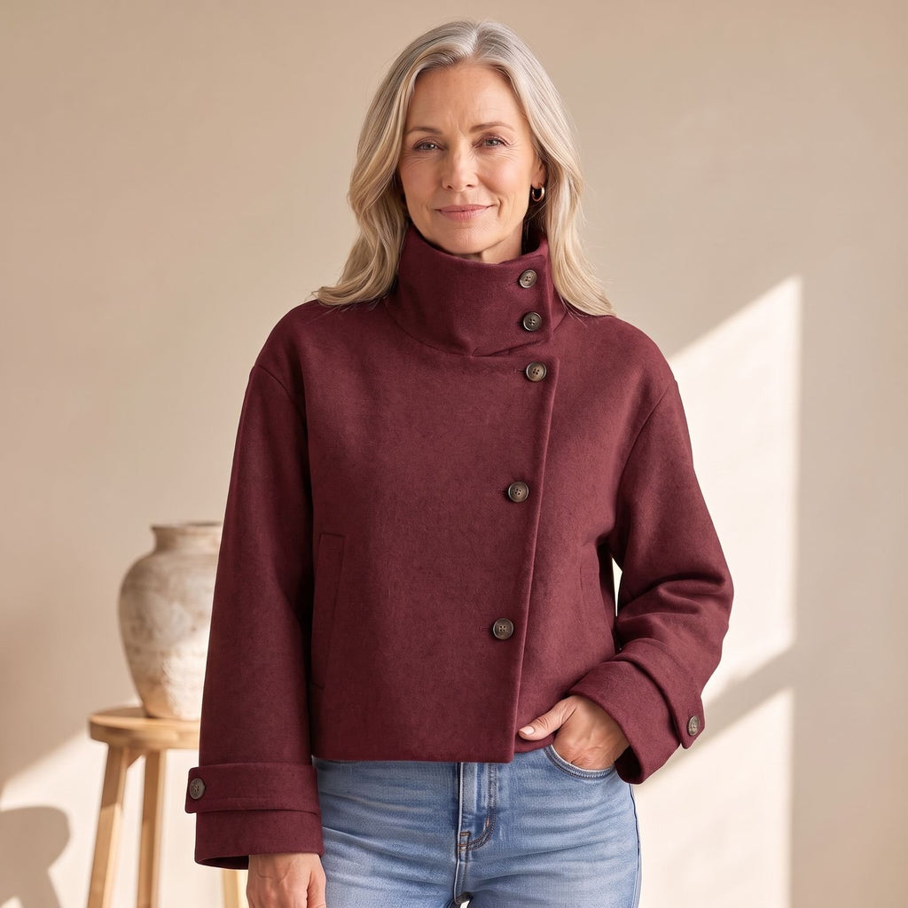 Women's High-Neck Cropped Asymmetric Button-Front Wool-Look Jacket - Red