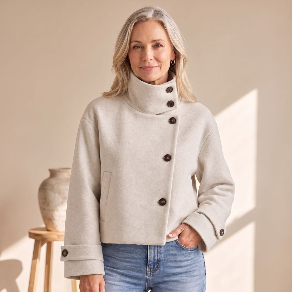 Women's High-Neck Cropped Asymmetric Button-Front Wool-Look Jacket - White