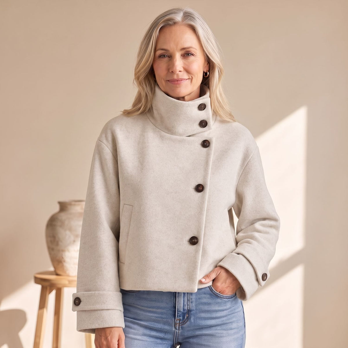 Women's High-Neck Cropped Asymmetric Button-Front Wool-Look Jacket - White