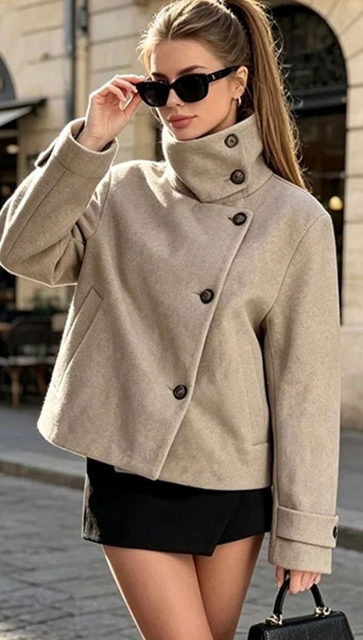 Women's High Neck Wool Blend Stand Collar Short Coat