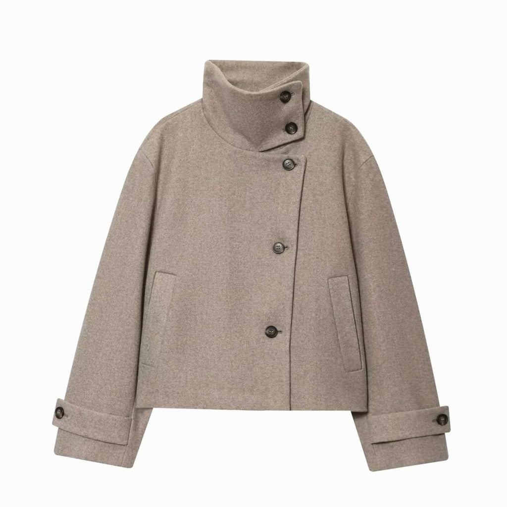 Women's High Neck Wool Blend Stand Collar Short Coat - Beige