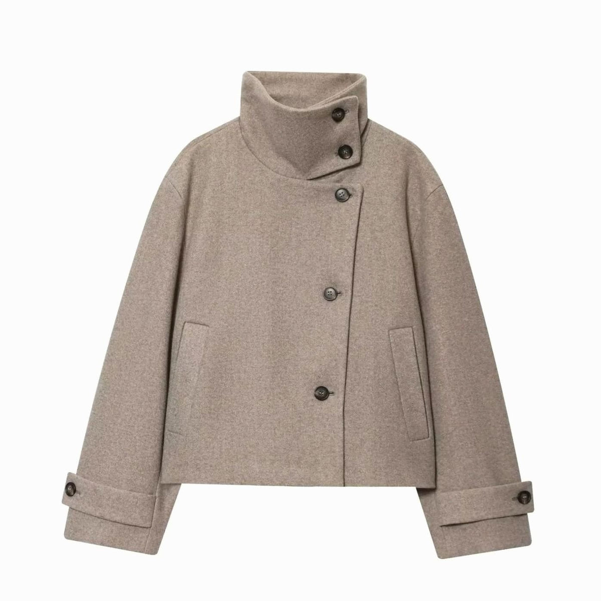 Women's High Neck Wool Blend Stand Collar Short Coat - Beige