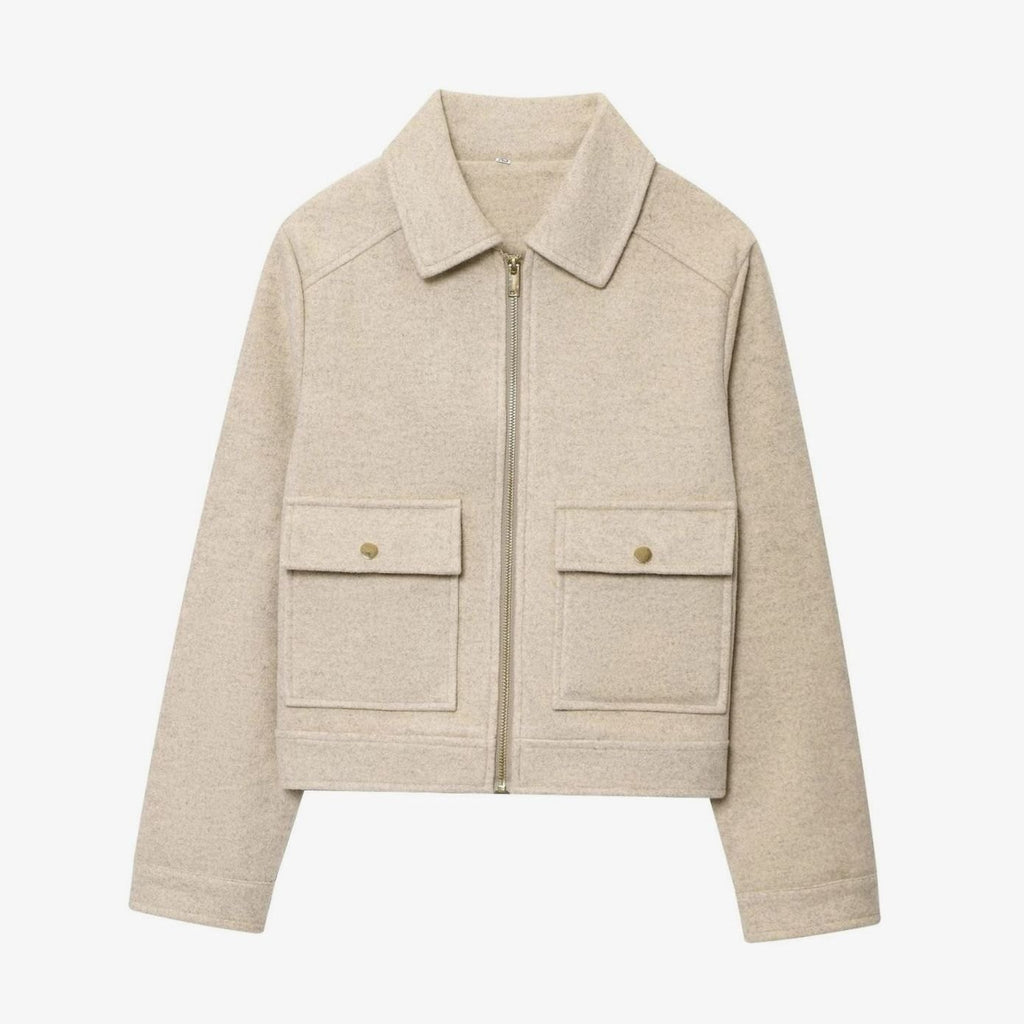 Women's High Neck Wool Blend Stand Collar Short Coat - Khaki