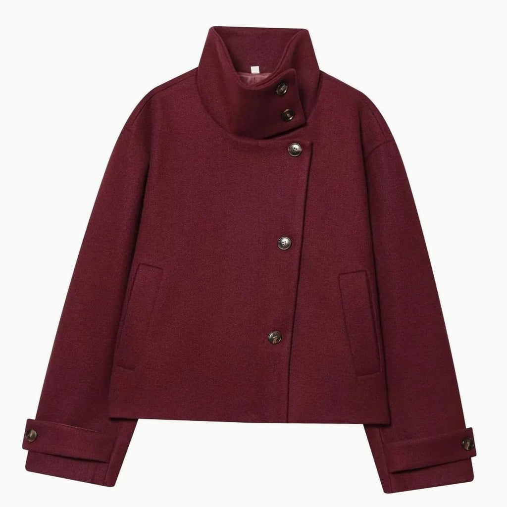 Women's High Neck Wool Blend Stand Collar Short Coat - Red
