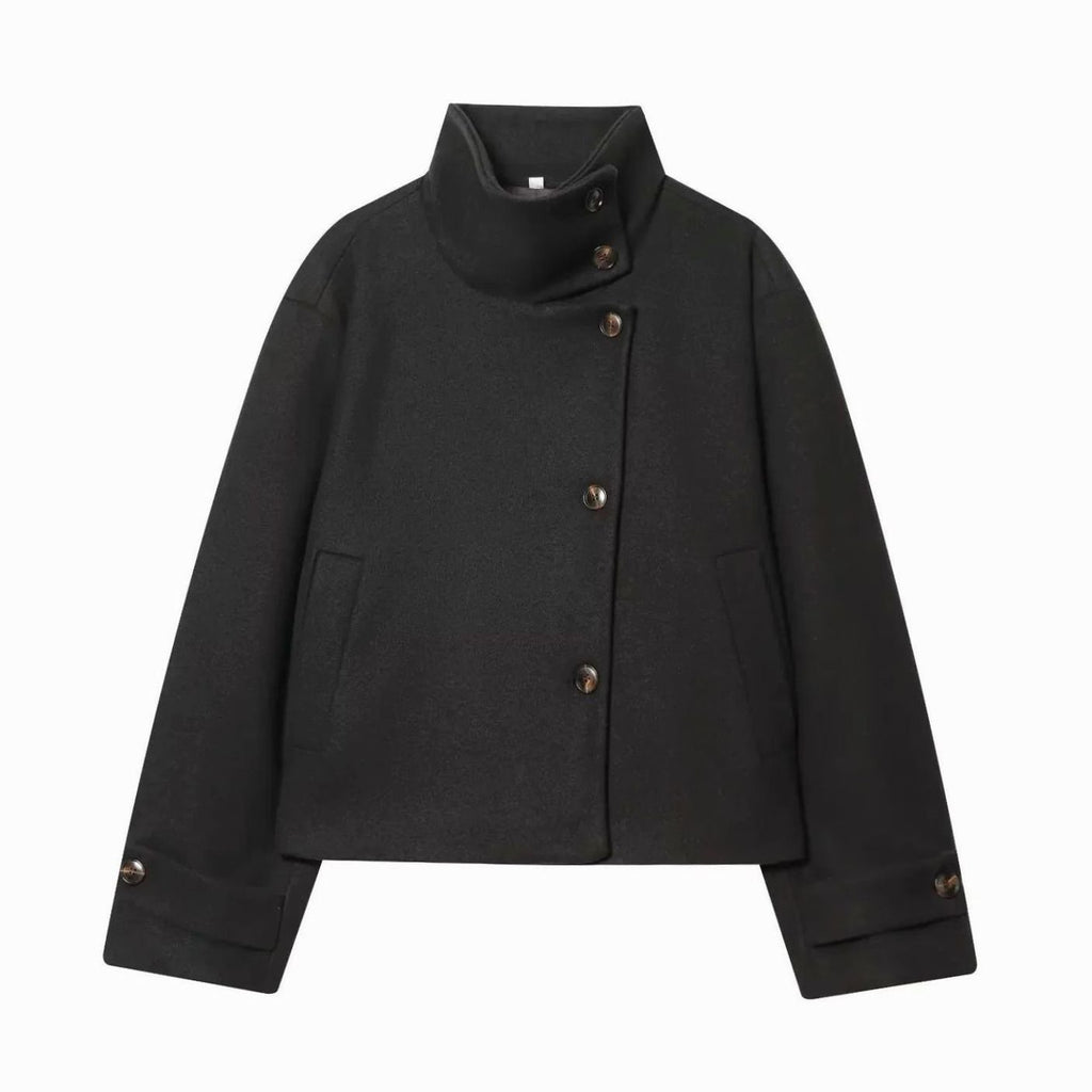 Women's High Neck Wool Blend Stand Collar Short Coat - Black