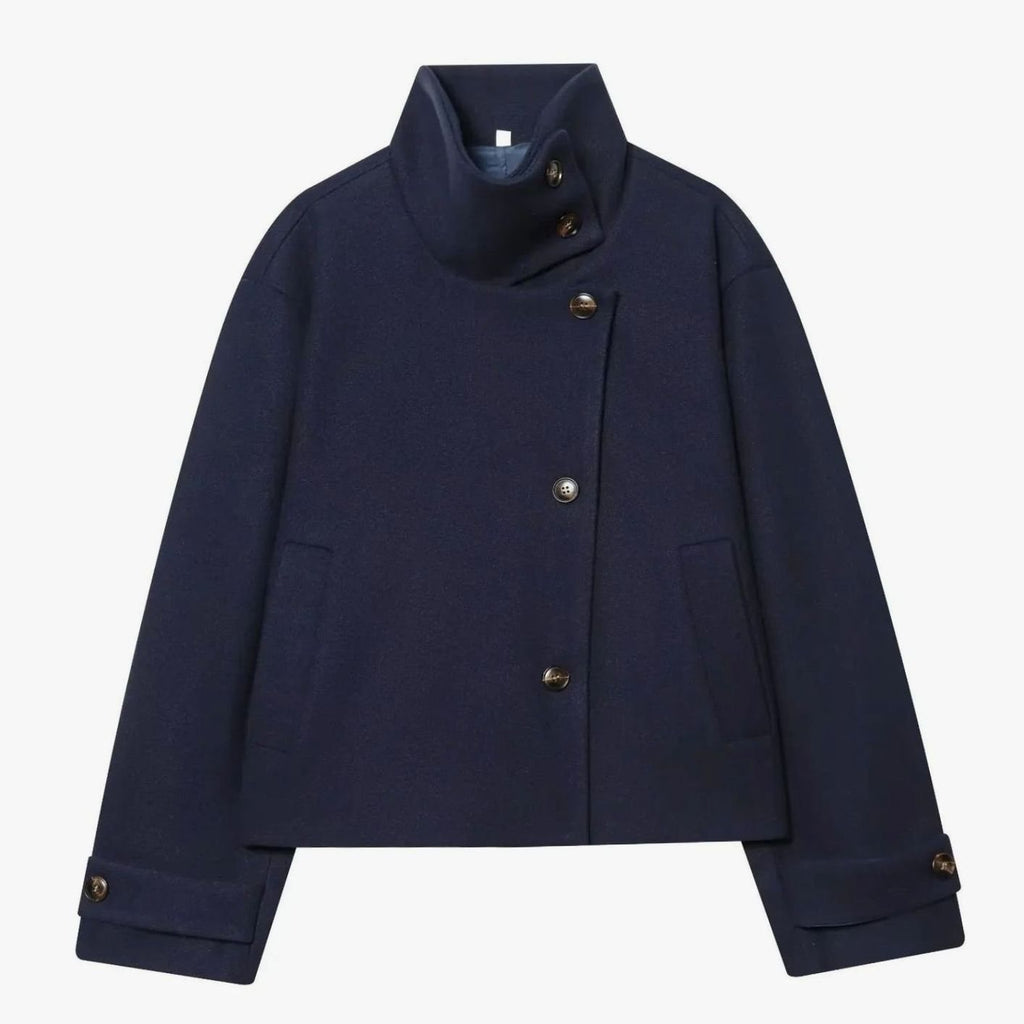 Women's High Neck Wool Blend Stand Collar Short Coat - Dark Blue