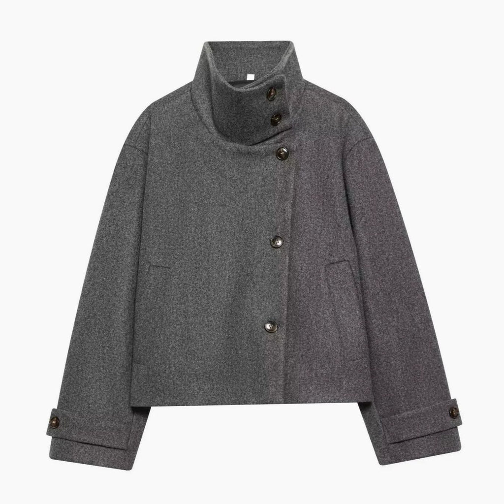 Women's High Neck Wool Blend Stand Collar Short Coat - Gray