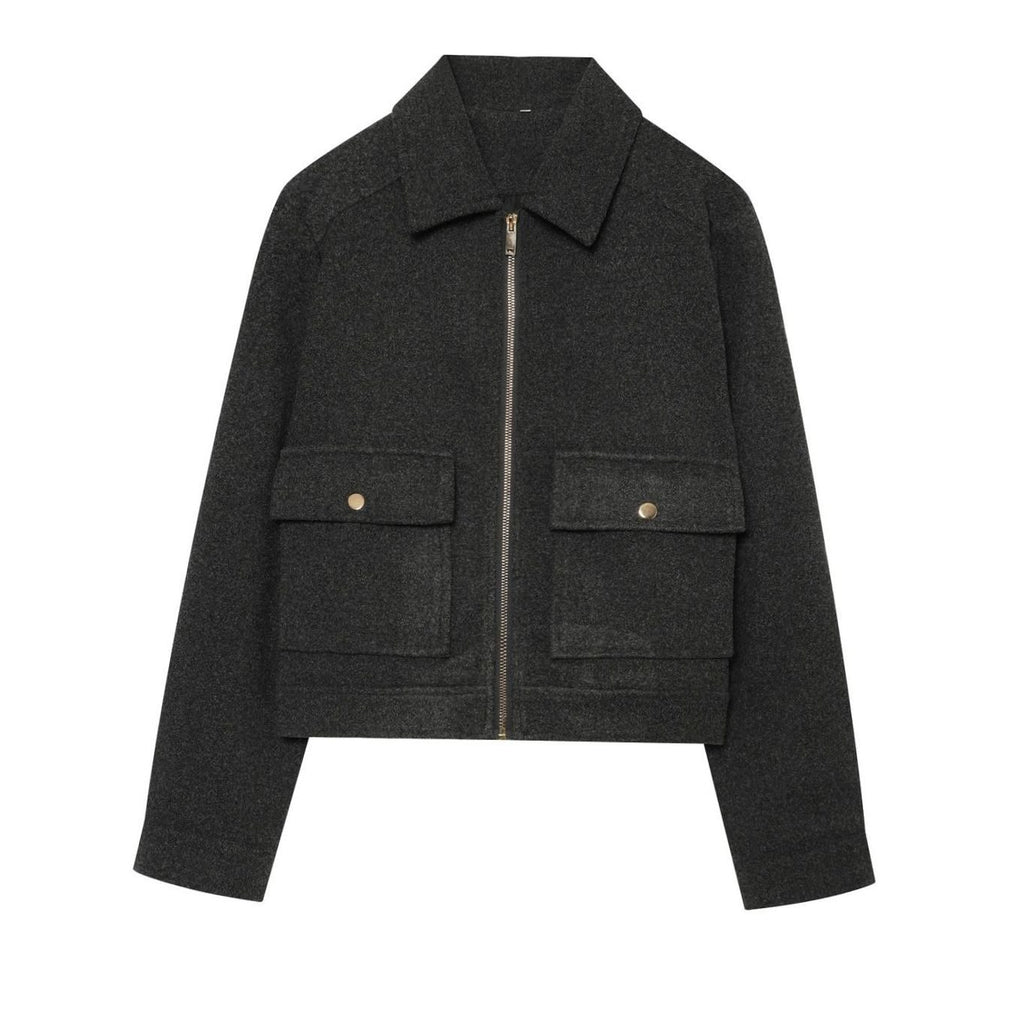 Women's High Neck Wool Blend Stand Collar Short Coat - Gray Black