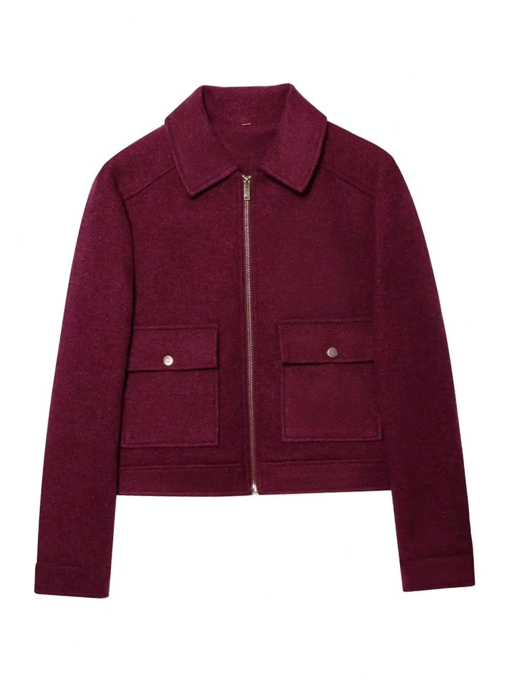 Women's High Neck Wool Blend Stand Collar Short Coat - Burgundy