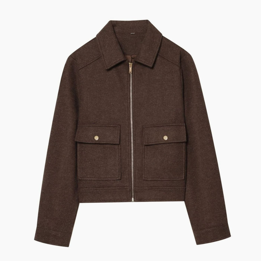 Women's High Neck Wool Blend Stand Collar Short Coat - Brown