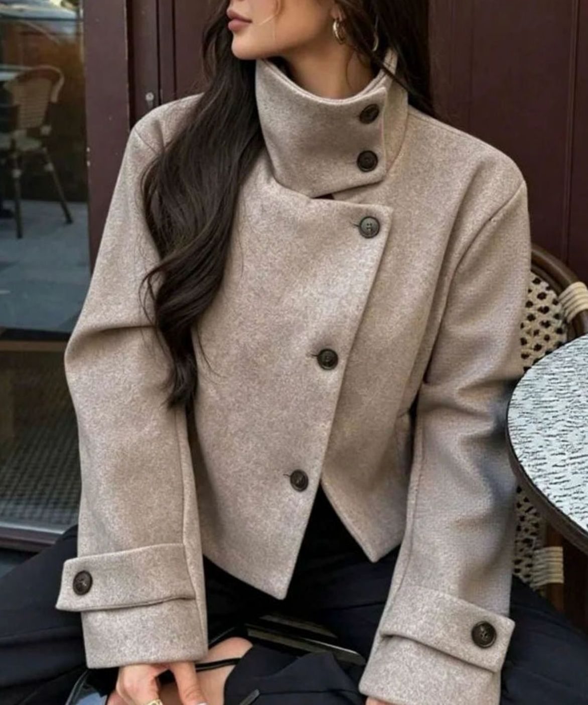 Women's High Neck Wool Blend Stand Collar Short Coat