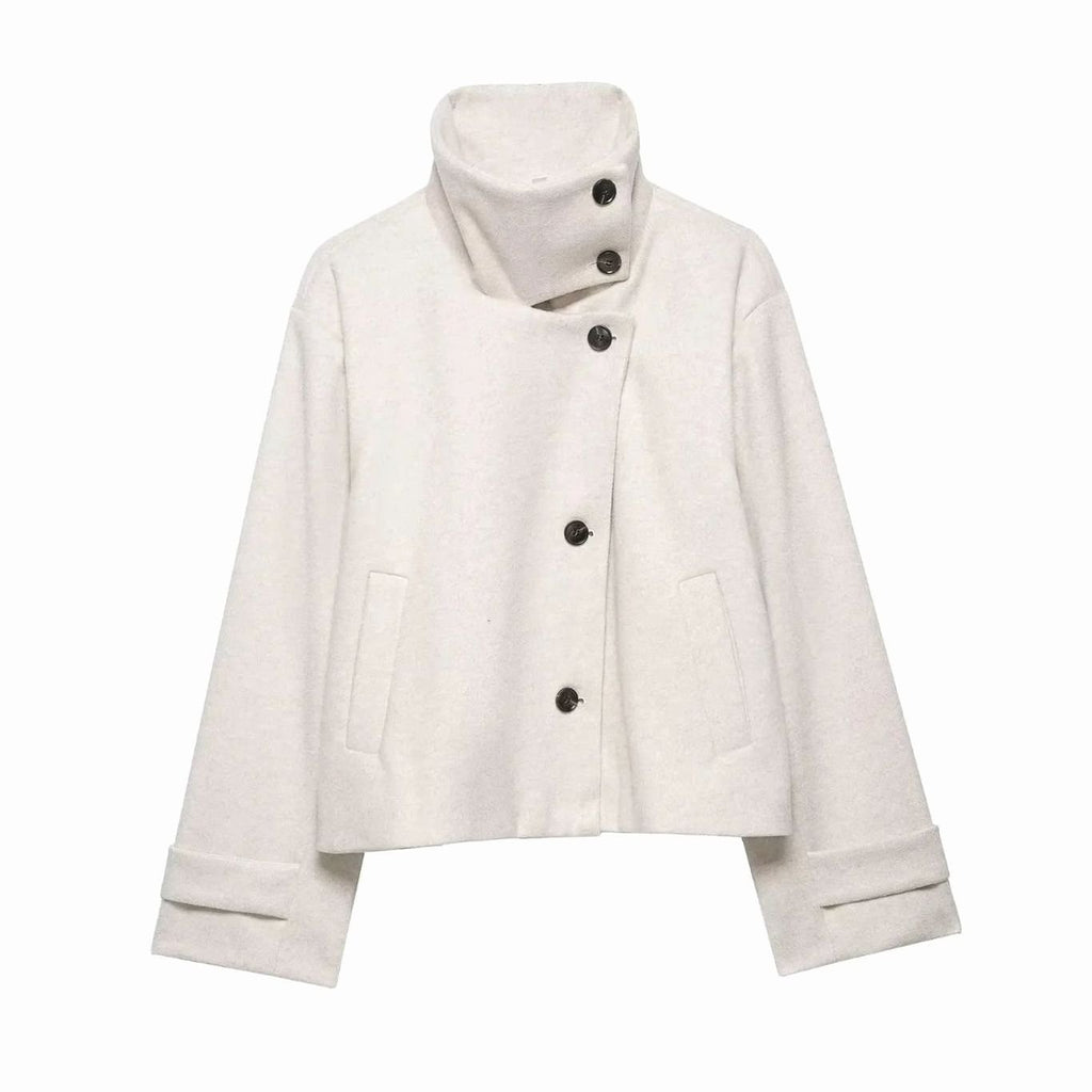 Women's High Neck Wool Blend Stand Collar Short Coat