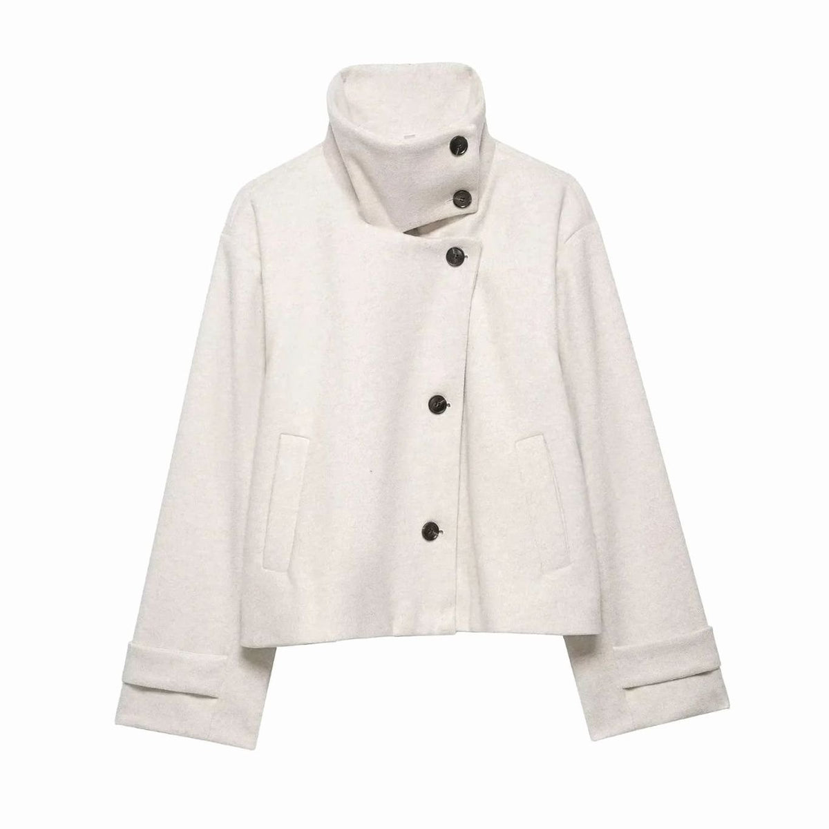 Women's High Neck Wool Blend Stand Collar Short Coat