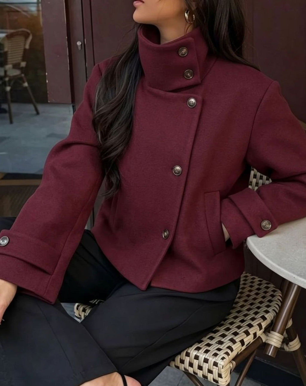 Women's High Neck Wool Blend Stand Collar Short Coat