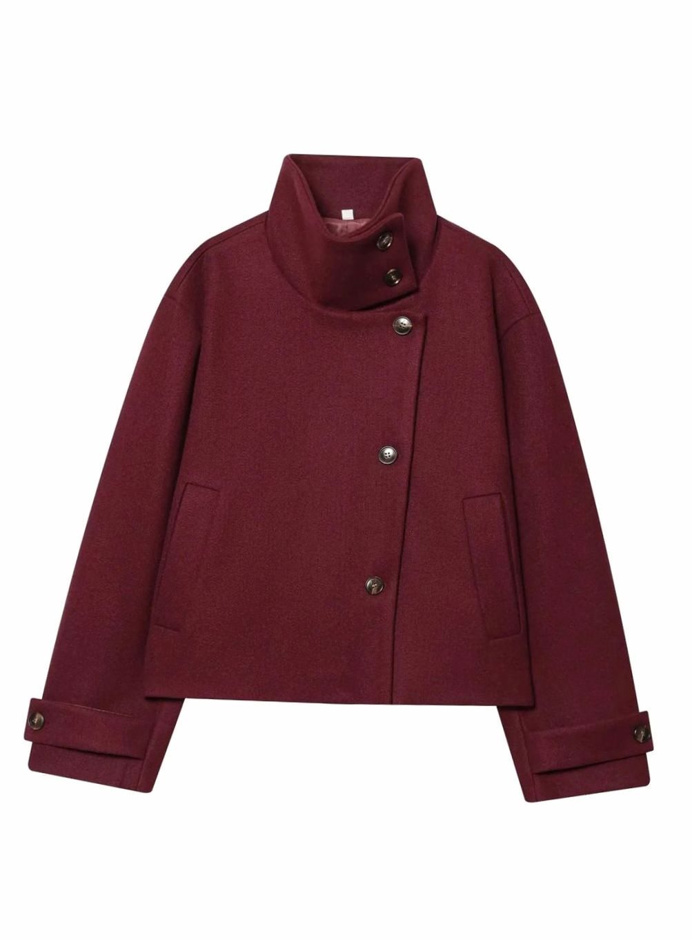 Women's High Neck Wool Blend Stand Collar Short Coat