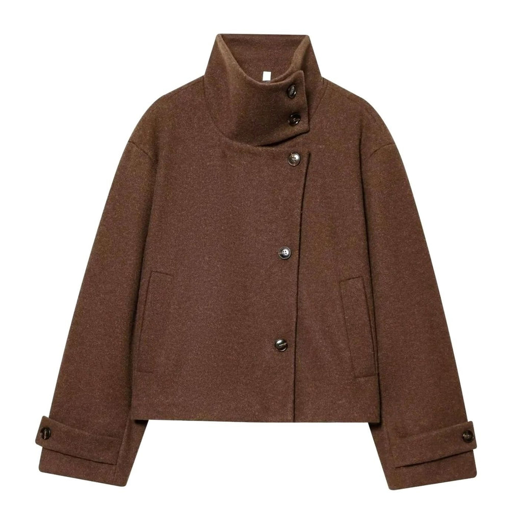 Women's High Neck Wool Blend Stand Collar Short Coat