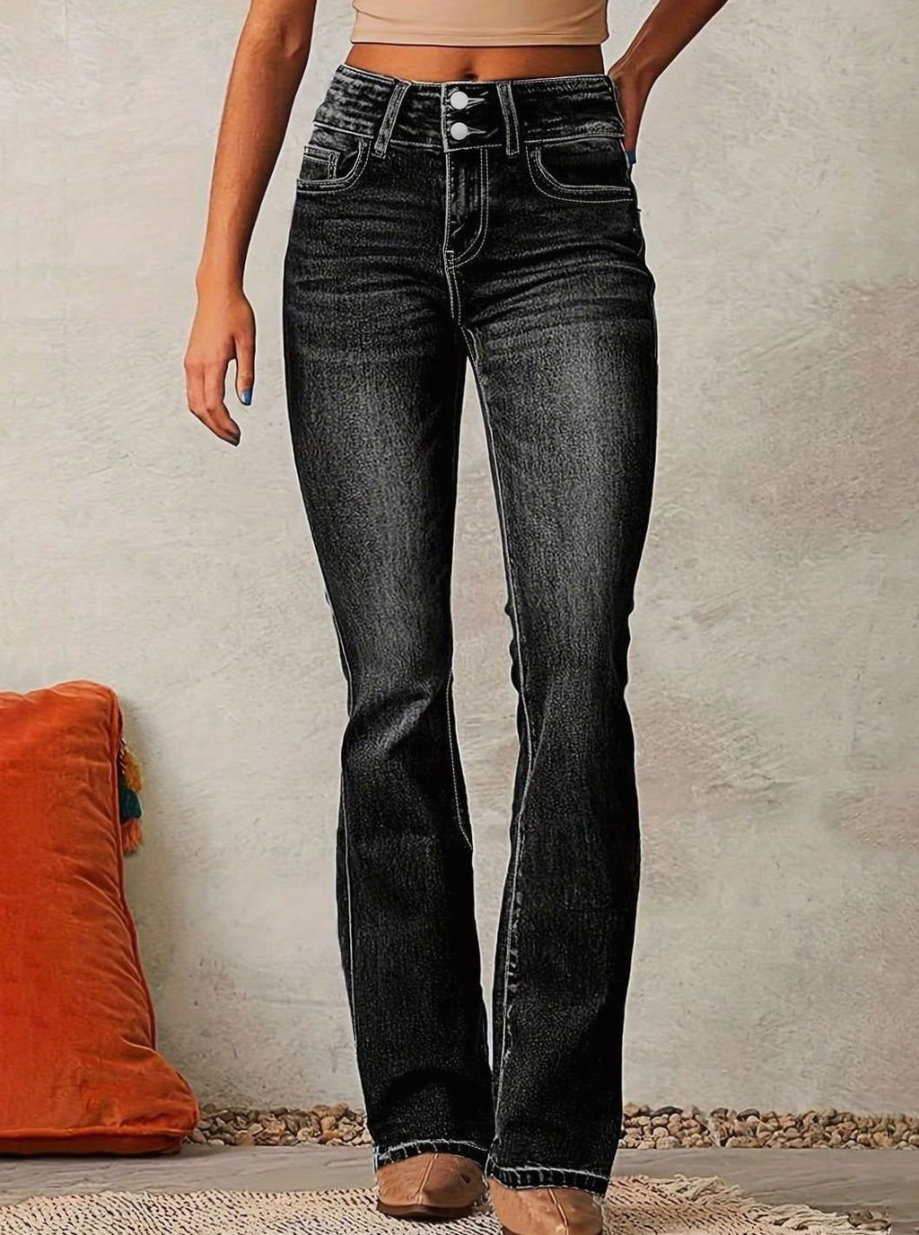 Women's High-Waist Flare Bootcut Pants Washed Denim - Black