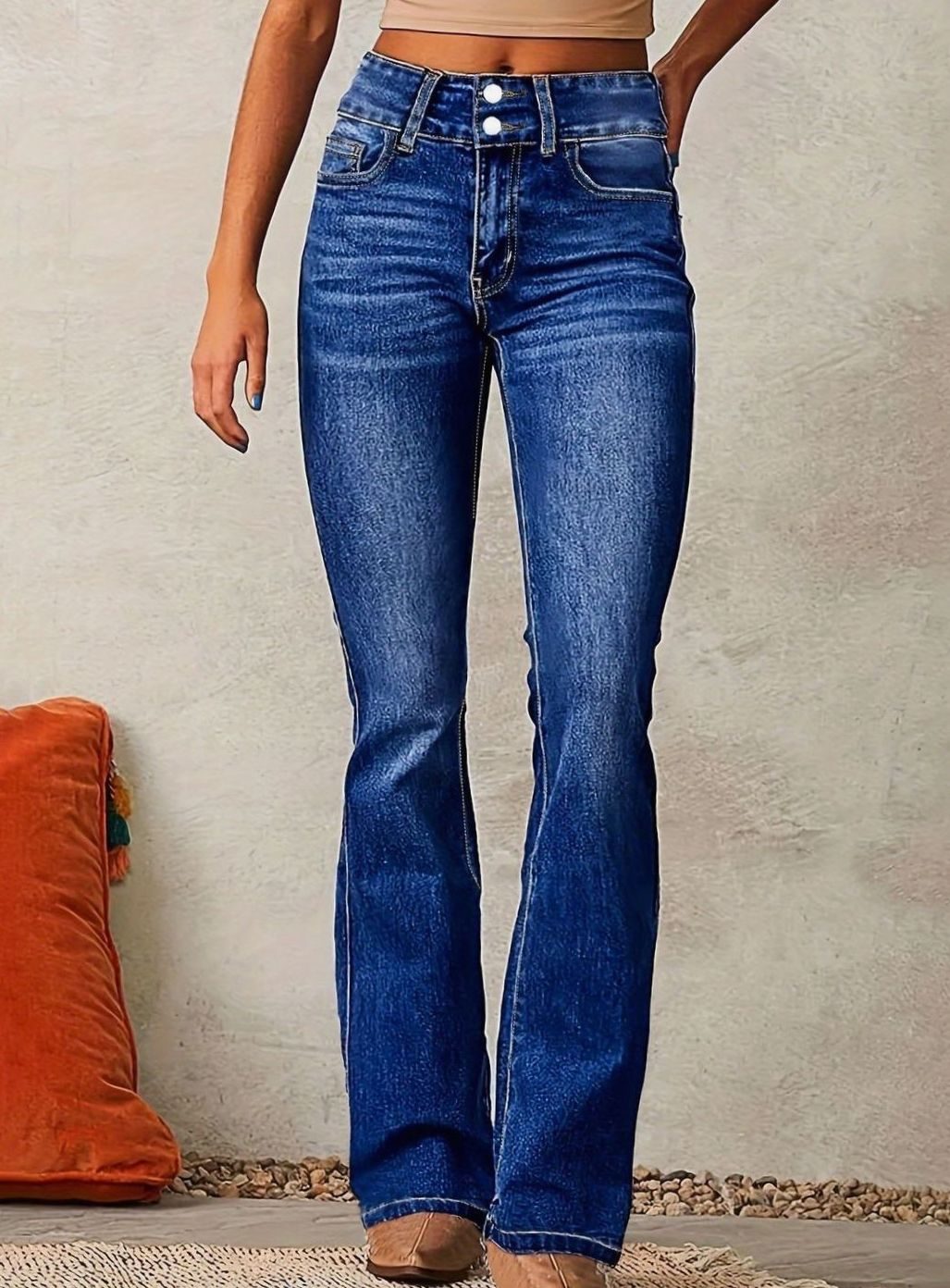 Women's High-Waist Flare Bootcut Pants Washed Denim - Dark Blue