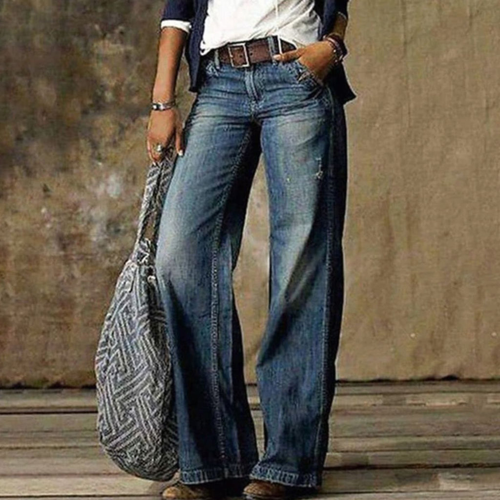 Women's High-Waist Relaxed Fit Faded Wide-Leg Jeans - Blue