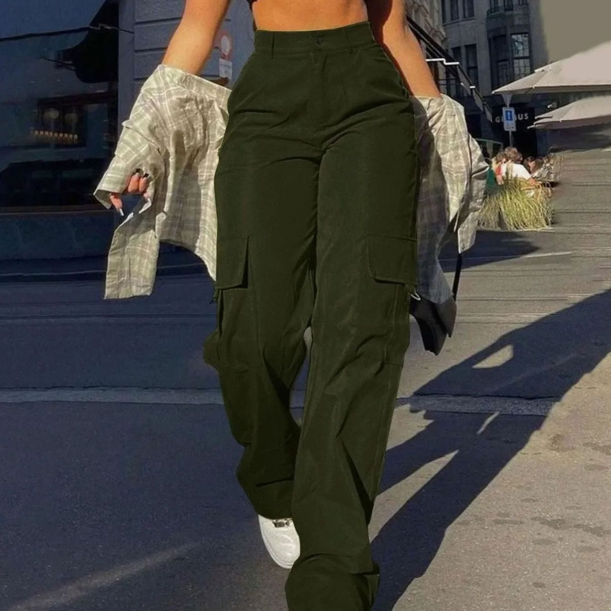 Women's High-Waist Wide-Leg Cargo Pants Flap-Pocket - Army Green