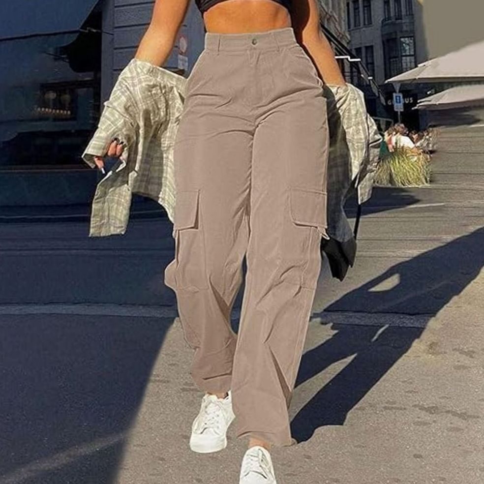 Women's High-Waist Wide-Leg Cargo Pants Flap-Pocket - Khaki