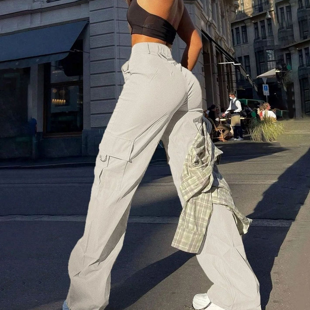 Women's High-Waist Wide-Leg Cargo Pants Flap-Pocket